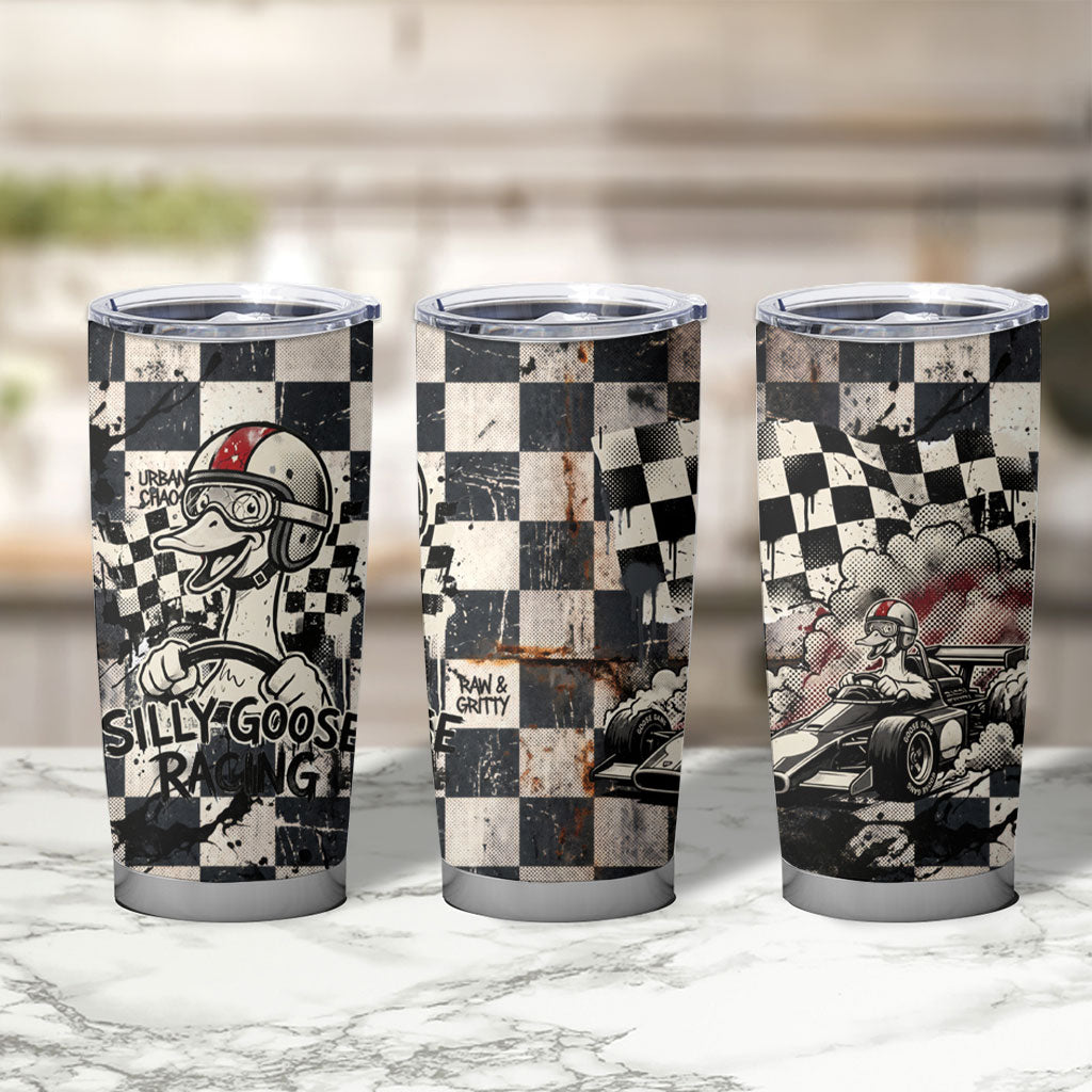 Silly Goose Racing Motorsport Tumbler Cup Vintage Distressed Checkered Flag - Cartoon Race Car