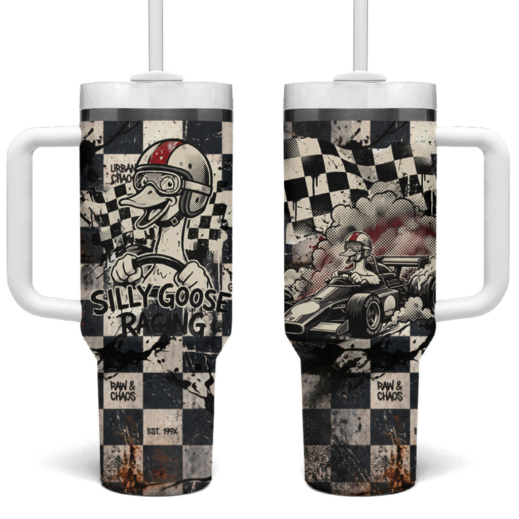 Silly Goose Racing Motorsport Tumbler With Handle Vintage Distressed Checkered Flag - Cartoon Race Car