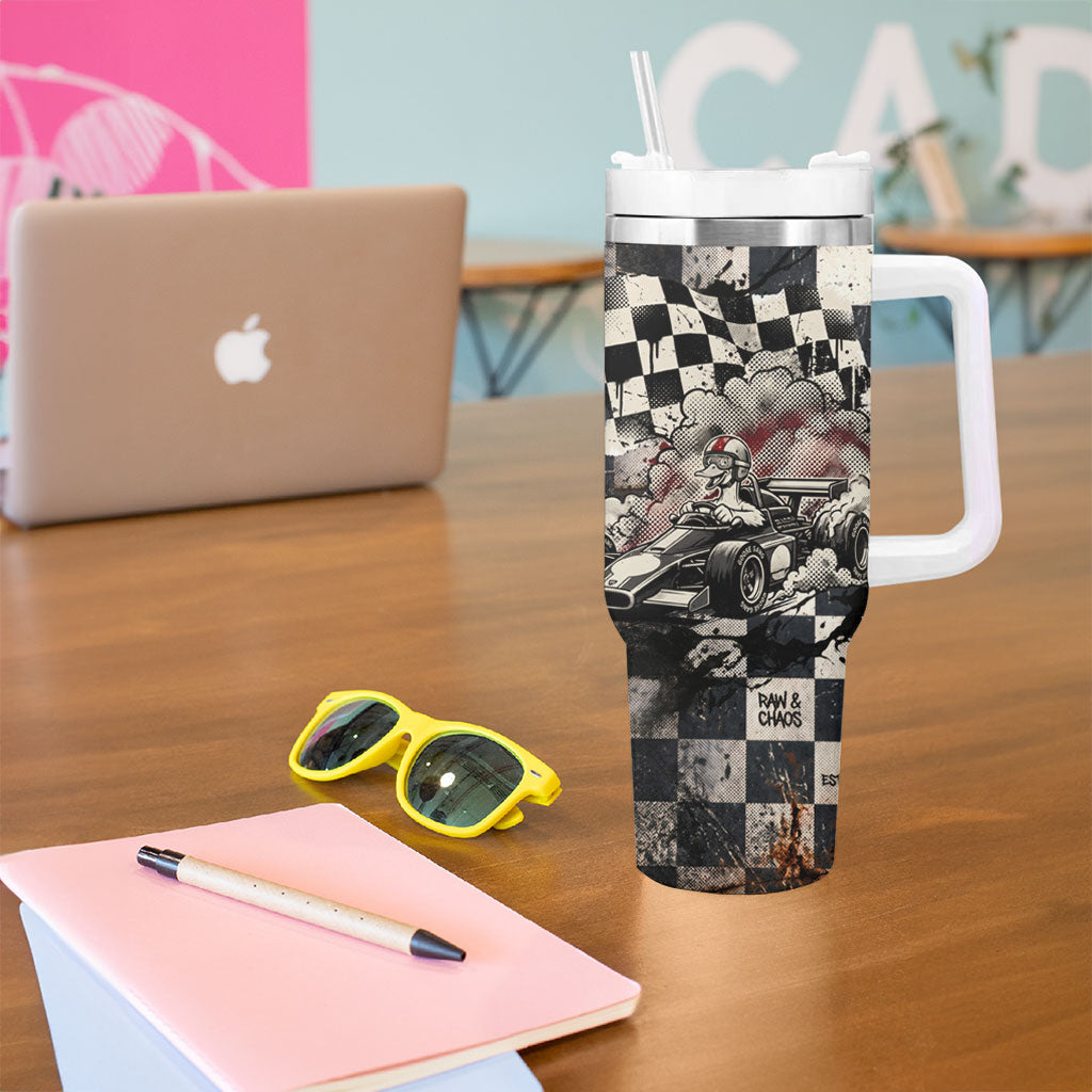 Silly Goose Racing Motorsport Tumbler With Handle Vintage Distressed Checkered Flag - Cartoon Race Car