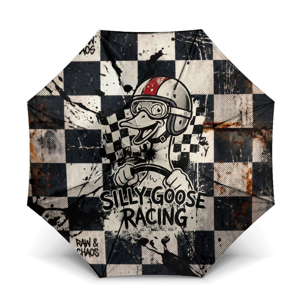 Silly Goose Racing Motorsport Umbrella Vintage Distressed Checkered Flag - Cartoon Race Car