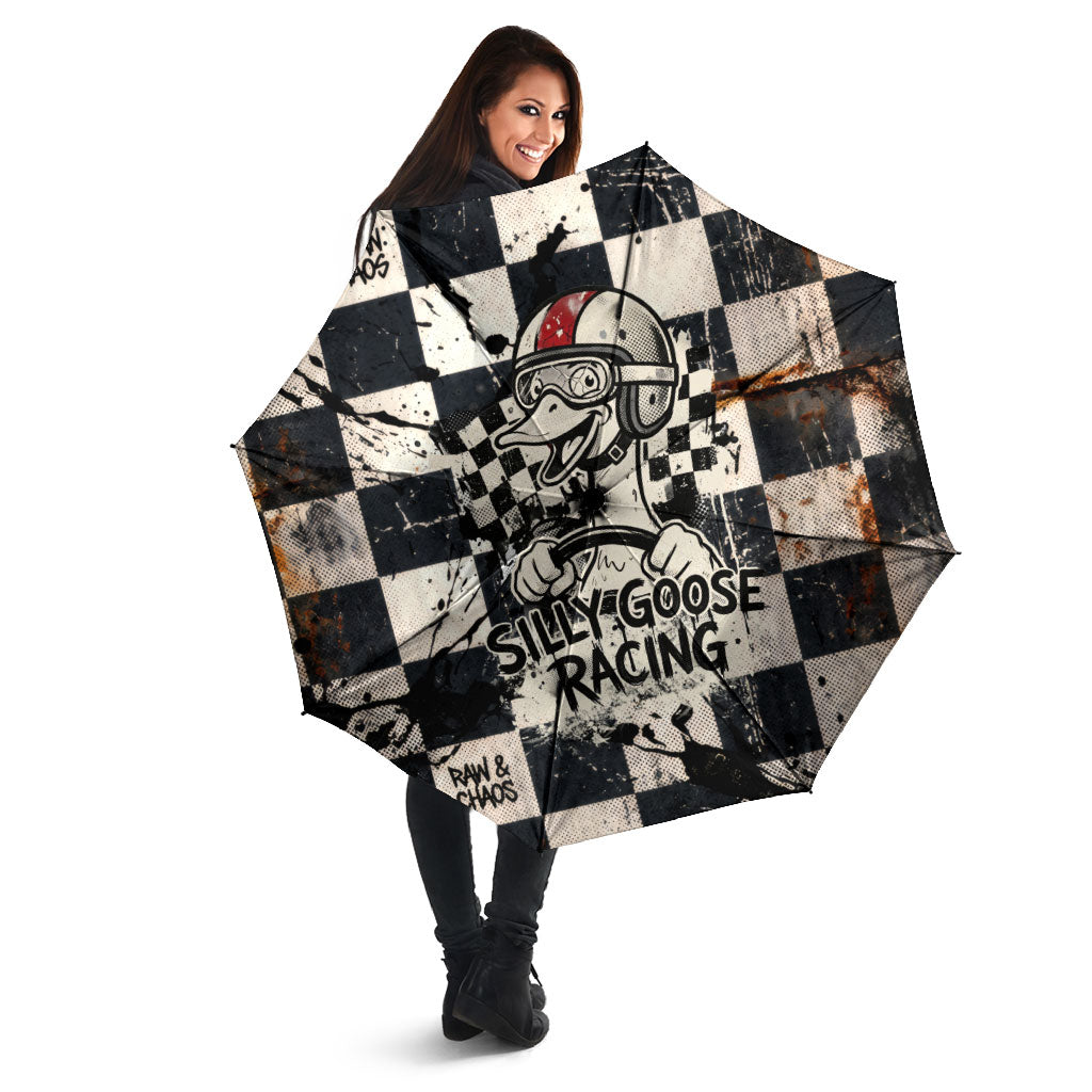 Silly Goose Racing Motorsport Umbrella Vintage Distressed Checkered Flag - Cartoon Race Car