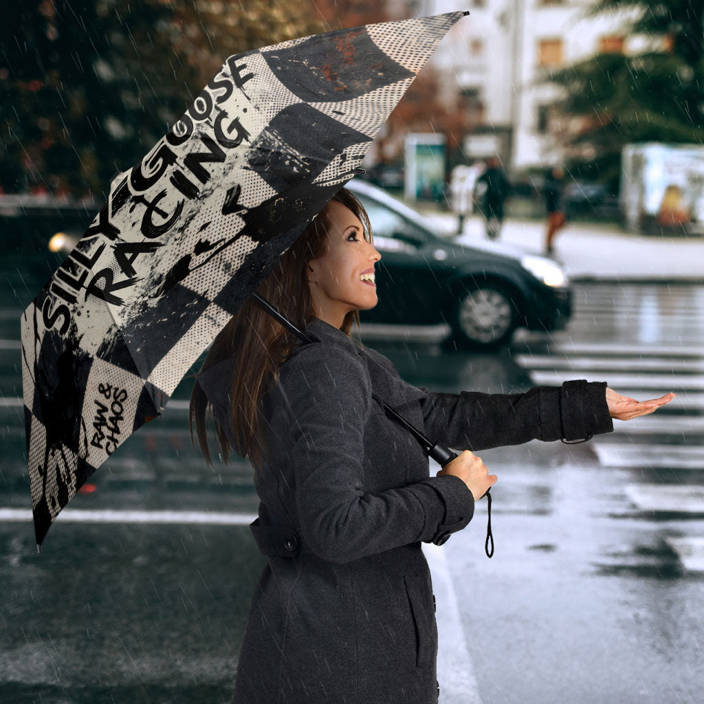 Silly Goose Racing Motorsport Umbrella Vintage Distressed Checkered Flag - Cartoon Race Car
