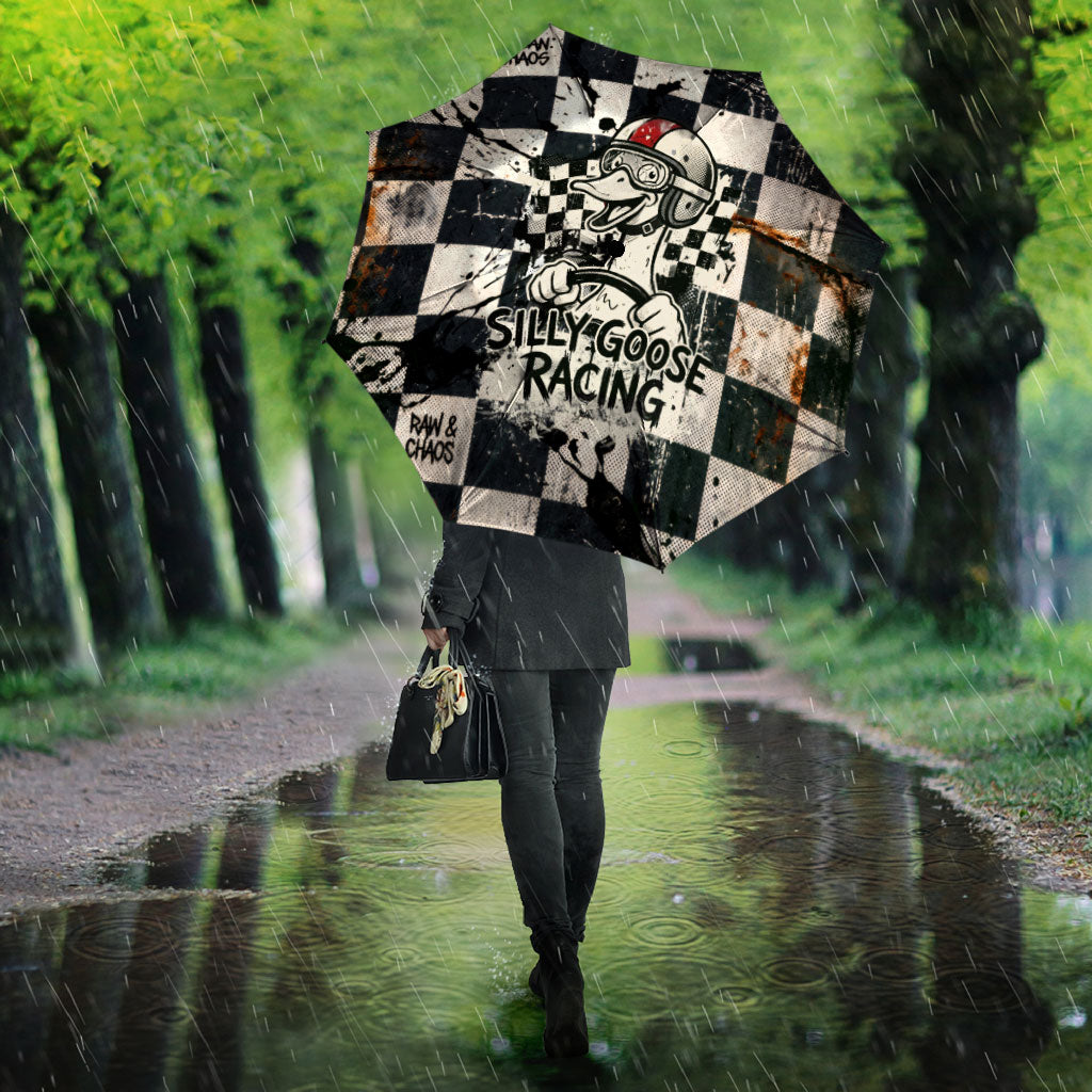 Silly Goose Racing Motorsport Umbrella Vintage Distressed Checkered Flag - Cartoon Race Car