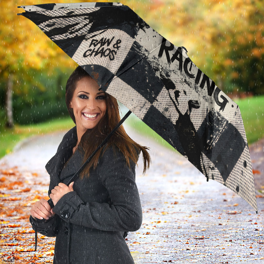 Silly Goose Racing Motorsport Umbrella Vintage Distressed Checkered Flag - Cartoon Race Car