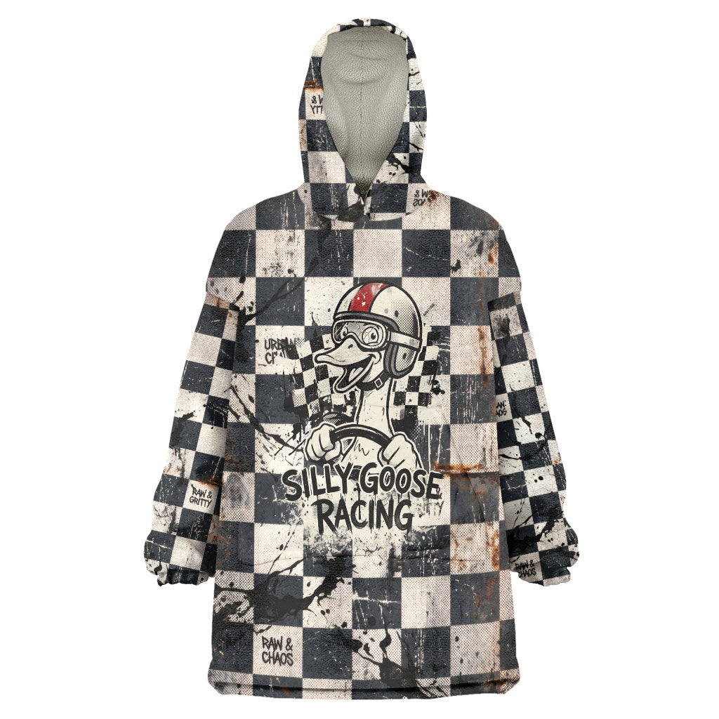 Silly Goose Racing Motorsport Wearable Blanket Hoodie Vintage Distressed Checkered Flag - Cartoon Race Car