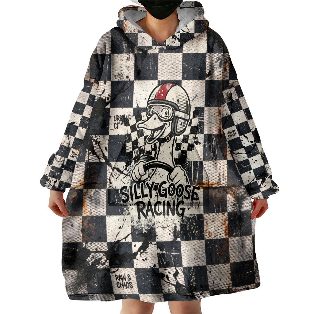 Silly Goose Racing Motorsport Wearable Blanket Hoodie Vintage Distressed Checkered Flag - Cartoon Race Car