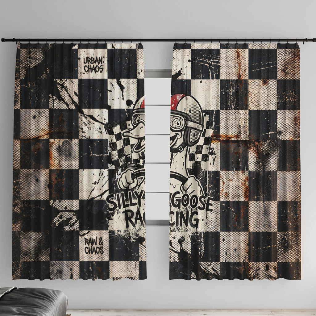 Silly Goose Racing Motorsport Window Curtain Vintage Distressed Checkered Flag - Cartoon Race Car