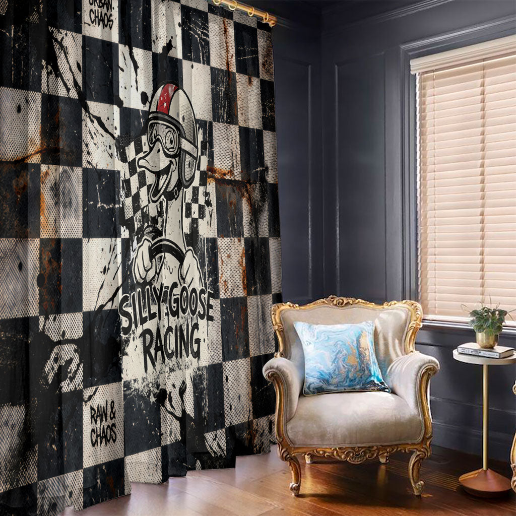 Silly Goose Racing Motorsport Window Curtain Vintage Distressed Checkered Flag - Cartoon Race Car