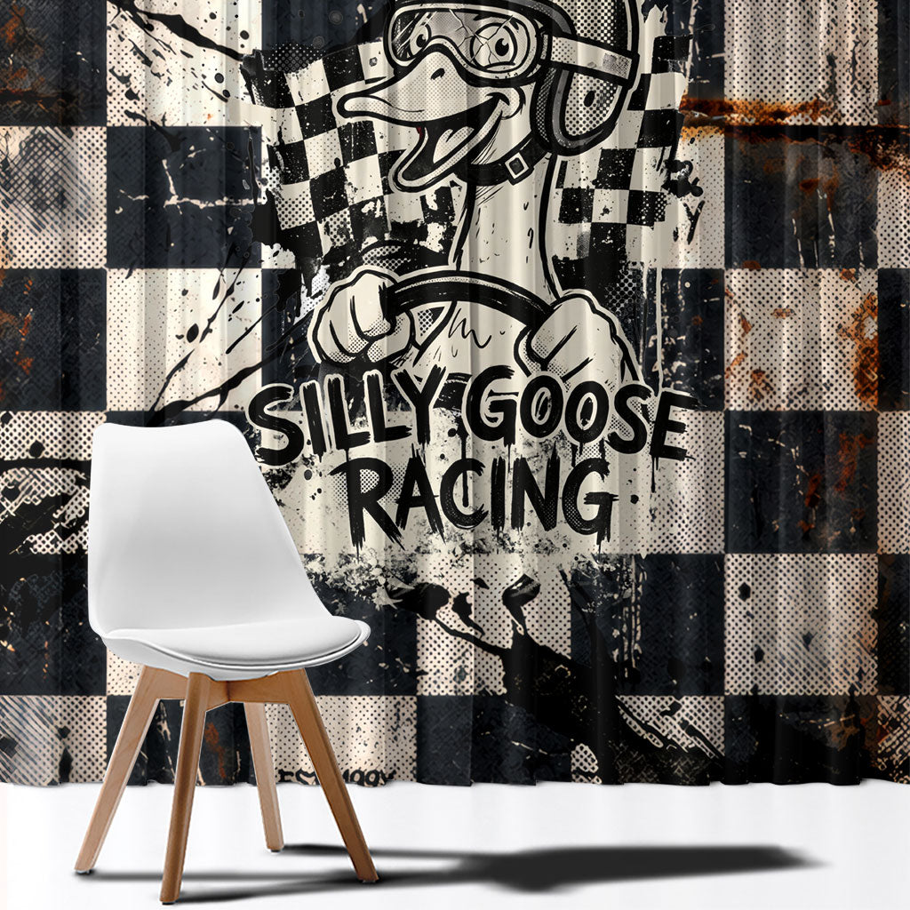Silly Goose Racing Motorsport Window Curtain Vintage Distressed Checkered Flag - Cartoon Race Car