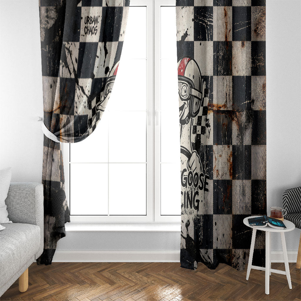Silly Goose Racing Motorsport Window Curtain Vintage Distressed Checkered Flag - Cartoon Race Car