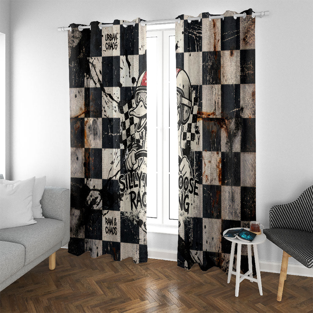 Silly Goose Racing Motorsport Window Curtain Vintage Distressed Checkered Flag - Cartoon Race Car