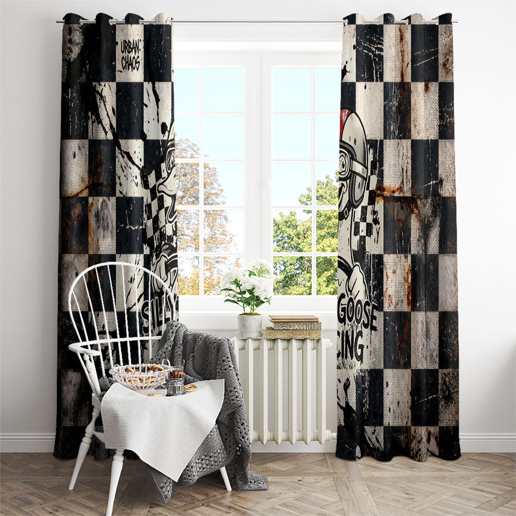 Silly Goose Racing Motorsport Window Curtain Vintage Distressed Checkered Flag - Cartoon Race Car
