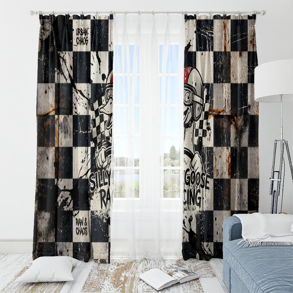 Silly Goose Racing Motorsport Window Curtain Vintage Distressed Checkered Flag - Cartoon Race Car
