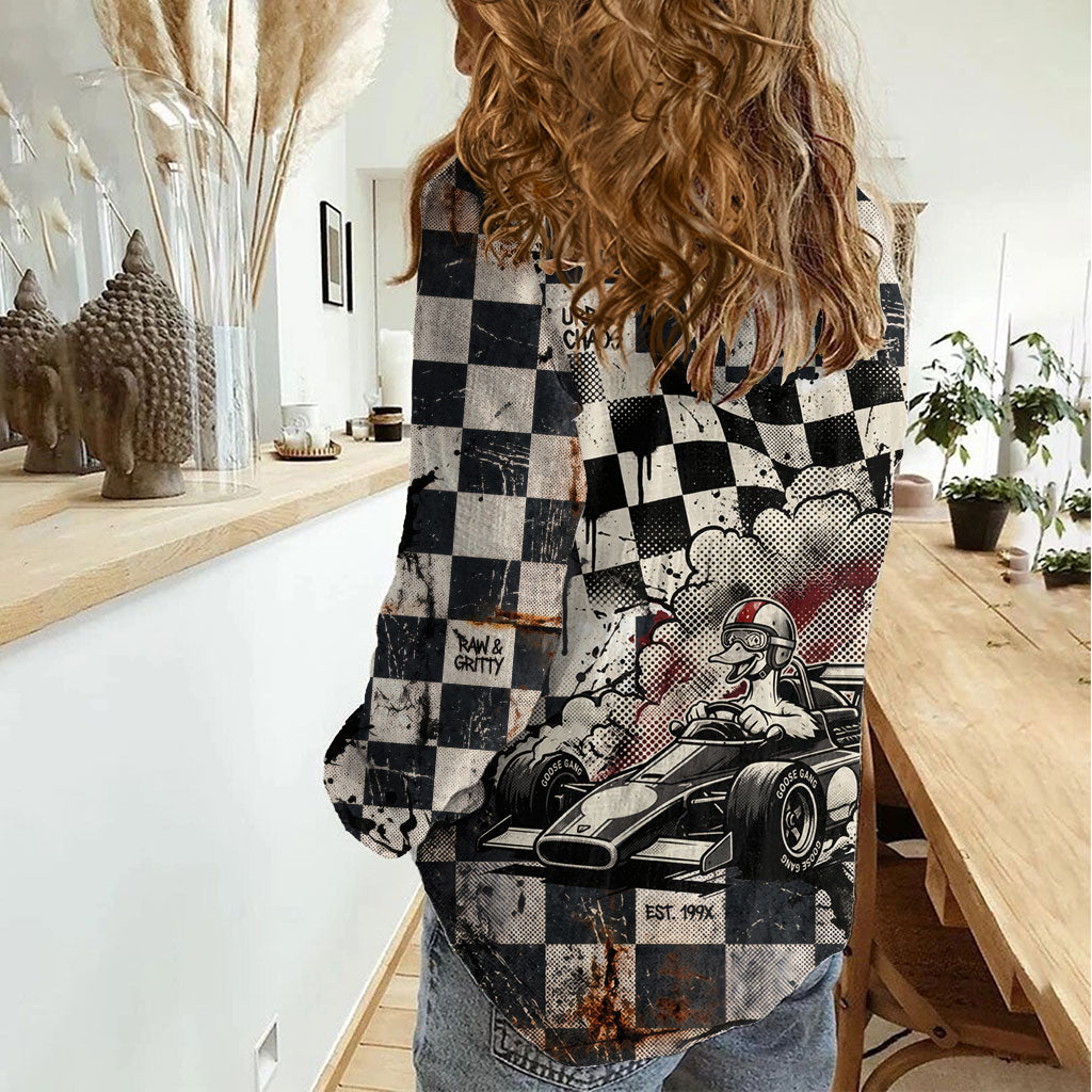 Silly Goose Racing Motorsport Women Casual Shirt Vintage Distressed Checkered Flag - Cartoon Race Car