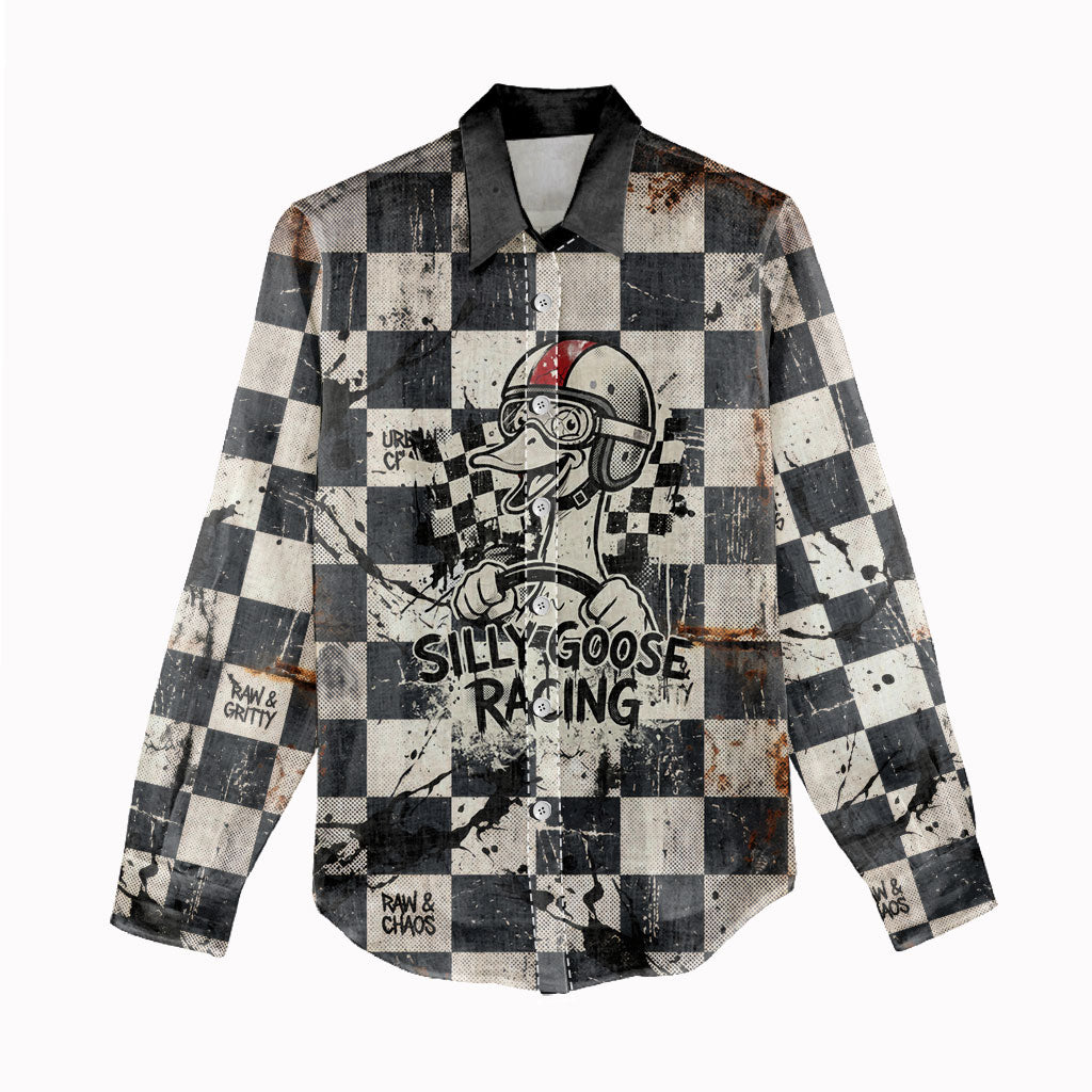 Silly Goose Racing Motorsport Women Casual Shirt Vintage Distressed Checkered Flag - Cartoon Race Car