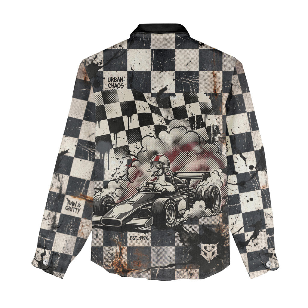 Silly Goose Racing Motorsport Women Casual Shirt Vintage Distressed Checkered Flag - Cartoon Race Car