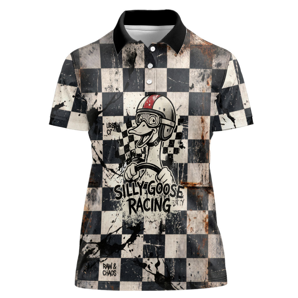 Silly Goose Racing Motorsport Women Polo Shirt Vintage Distressed Checkered Flag - Cartoon Race Car