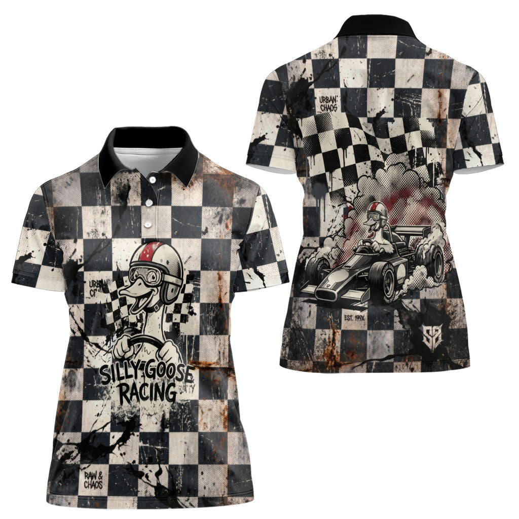 Silly Goose Racing Motorsport Women Polo Shirt Vintage Distressed Checkered Flag - Cartoon Race Car