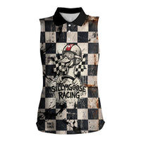 Silly Goose Racing Motorsport Women Sleeveless Polo Shirt Vintage Distressed Checkered Flag - Cartoon Race Car