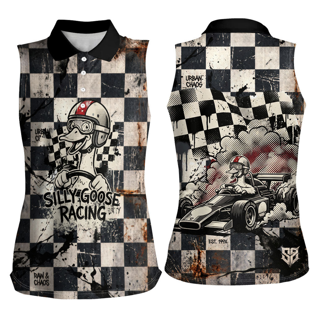 Silly Goose Racing Motorsport Women Sleeveless Polo Shirt Vintage Distressed Checkered Flag - Cartoon Race Car