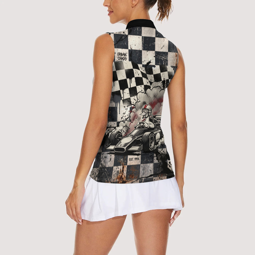Silly Goose Racing Motorsport Women Sleeveless Polo Shirt Vintage Distressed Checkered Flag - Cartoon Race Car