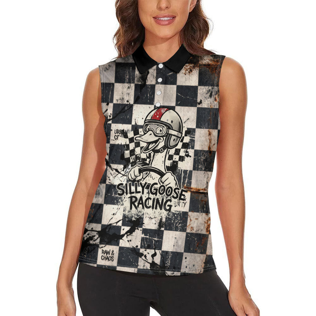 Silly Goose Racing Motorsport Women Sleeveless Polo Shirt Vintage Distressed Checkered Flag - Cartoon Race Car