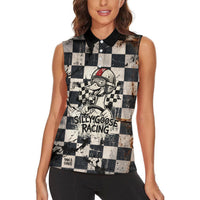 Silly Goose Racing Motorsport Women Sleeveless Polo Shirt Vintage Distressed Checkered Flag - Cartoon Race Car