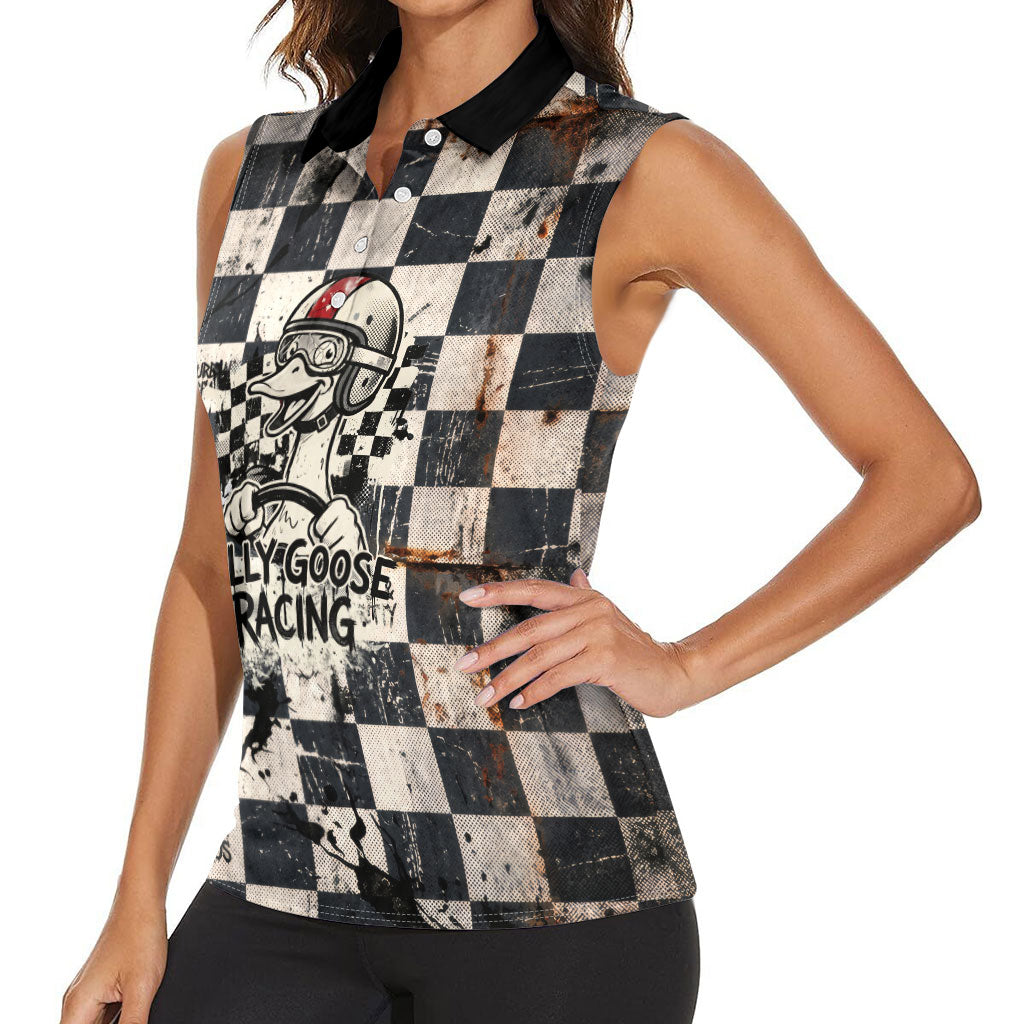 Silly Goose Racing Motorsport Women Sleeveless Polo Shirt Vintage Distressed Checkered Flag - Cartoon Race Car