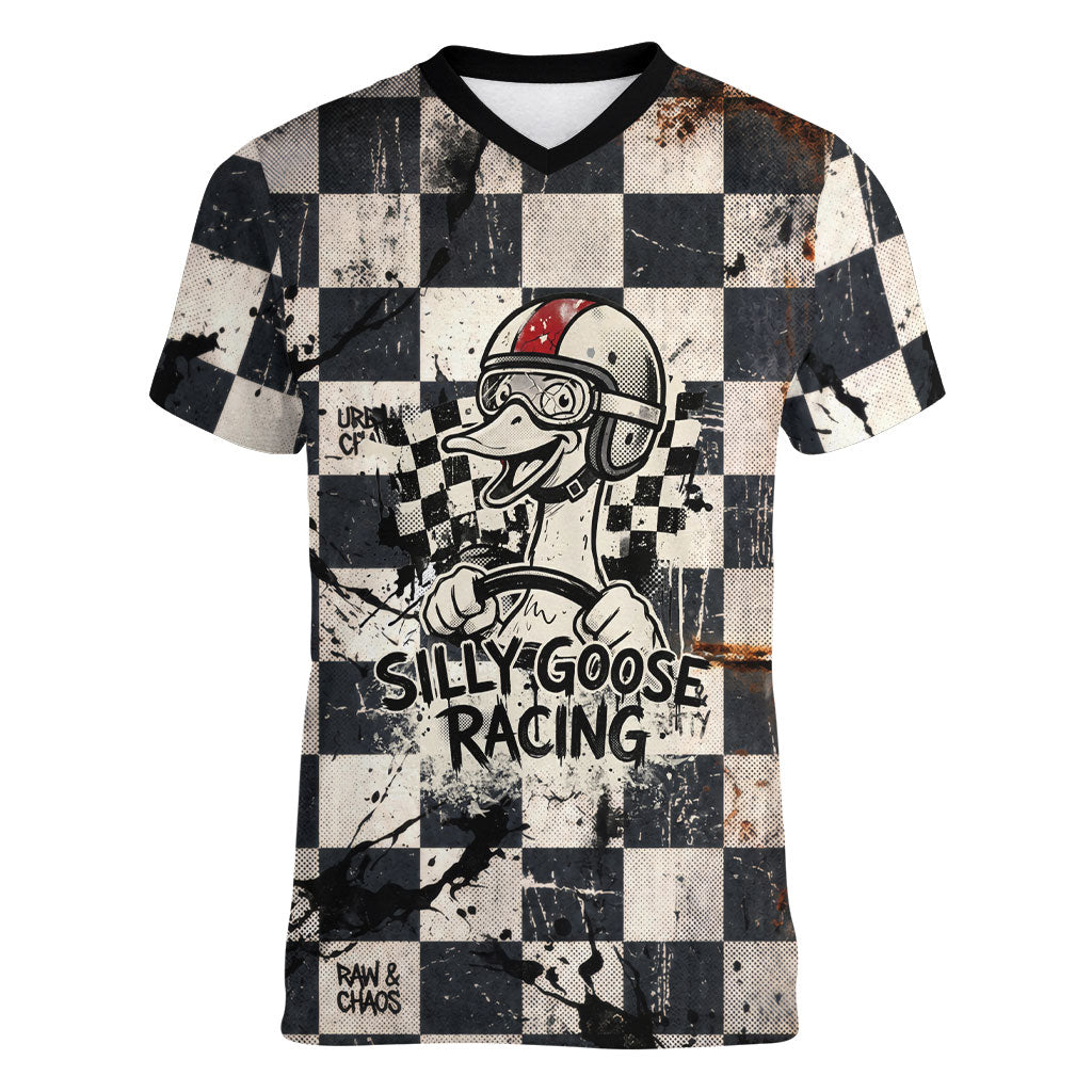 Silly Goose Racing Motorsport Women V-Neck T-Shirt Vintage Distressed Checkered Flag - Cartoon Race Car