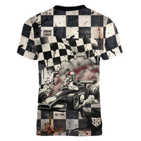 Silly Goose Racing Motorsport Women V-Neck T-Shirt Vintage Distressed Checkered Flag - Cartoon Race Car