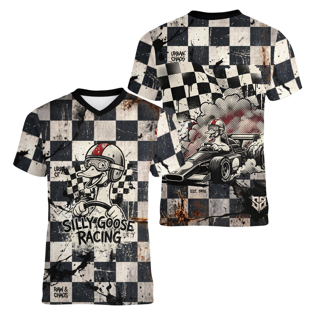 Silly Goose Racing Motorsport Women V-Neck T-Shirt Vintage Distressed Checkered Flag - Cartoon Race Car