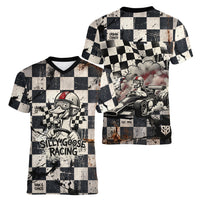 Silly Goose Racing Motorsport Women V-Neck T-Shirt Vintage Distressed Checkered Flag - Cartoon Race Car