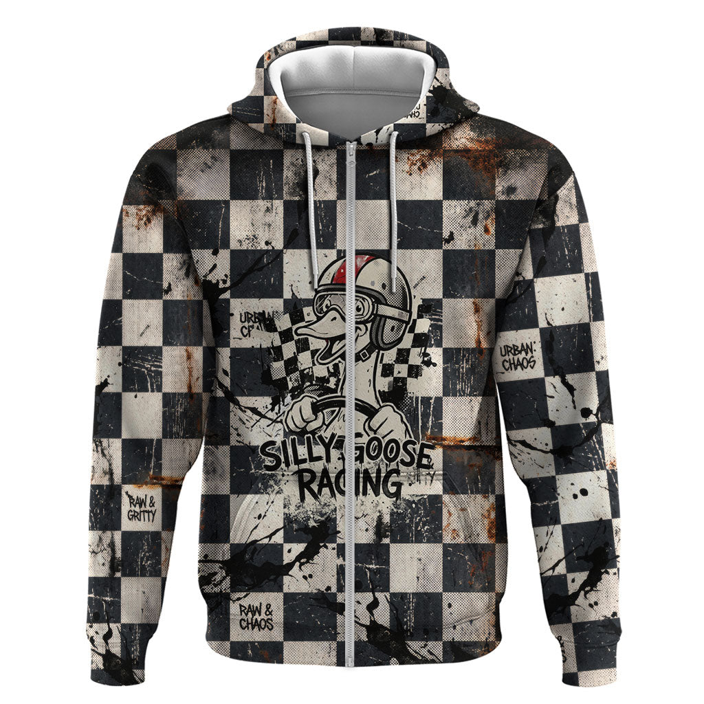 Silly Goose Racing Motorsport Zip Hoodie Vintage Distressed Checkered Flag - Cartoon Race Car