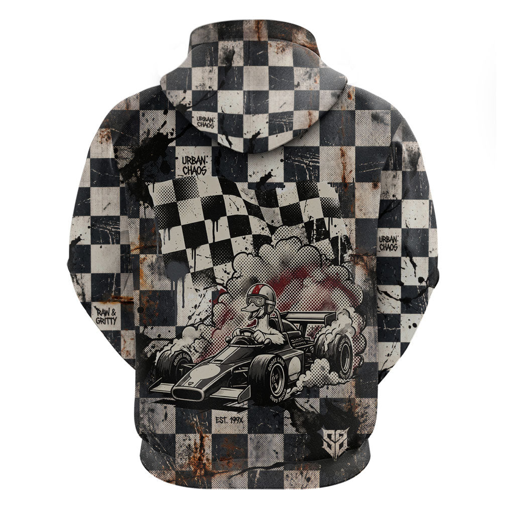 Silly Goose Racing Motorsport Zip Hoodie Vintage Distressed Checkered Flag - Cartoon Race Car