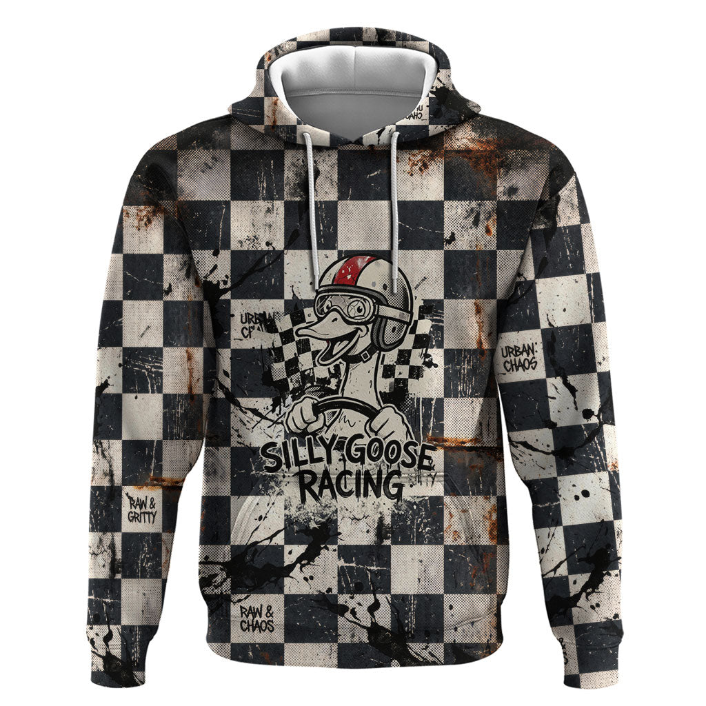 Silly Goose Racing Motorsport Zip Hoodie Vintage Distressed Checkered Flag - Cartoon Race Car