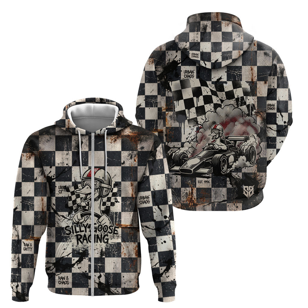 Silly Goose Racing Motorsport Zip Hoodie Vintage Distressed Checkered Flag - Cartoon Race Car