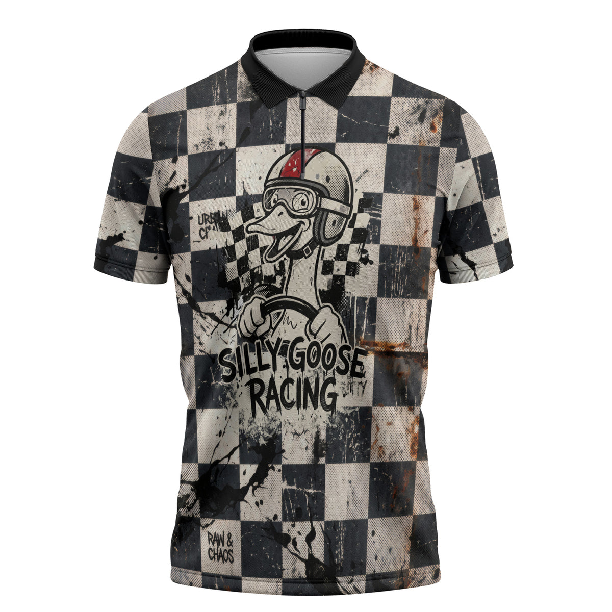 Silly Goose Racing Motorsport Zipper Polo Shirt Vintage Distressed Checkered Flag - Cartoon Race Car