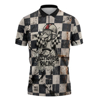 Silly Goose Racing Motorsport Zipper Polo Shirt Vintage Distressed Checkered Flag - Cartoon Race Car