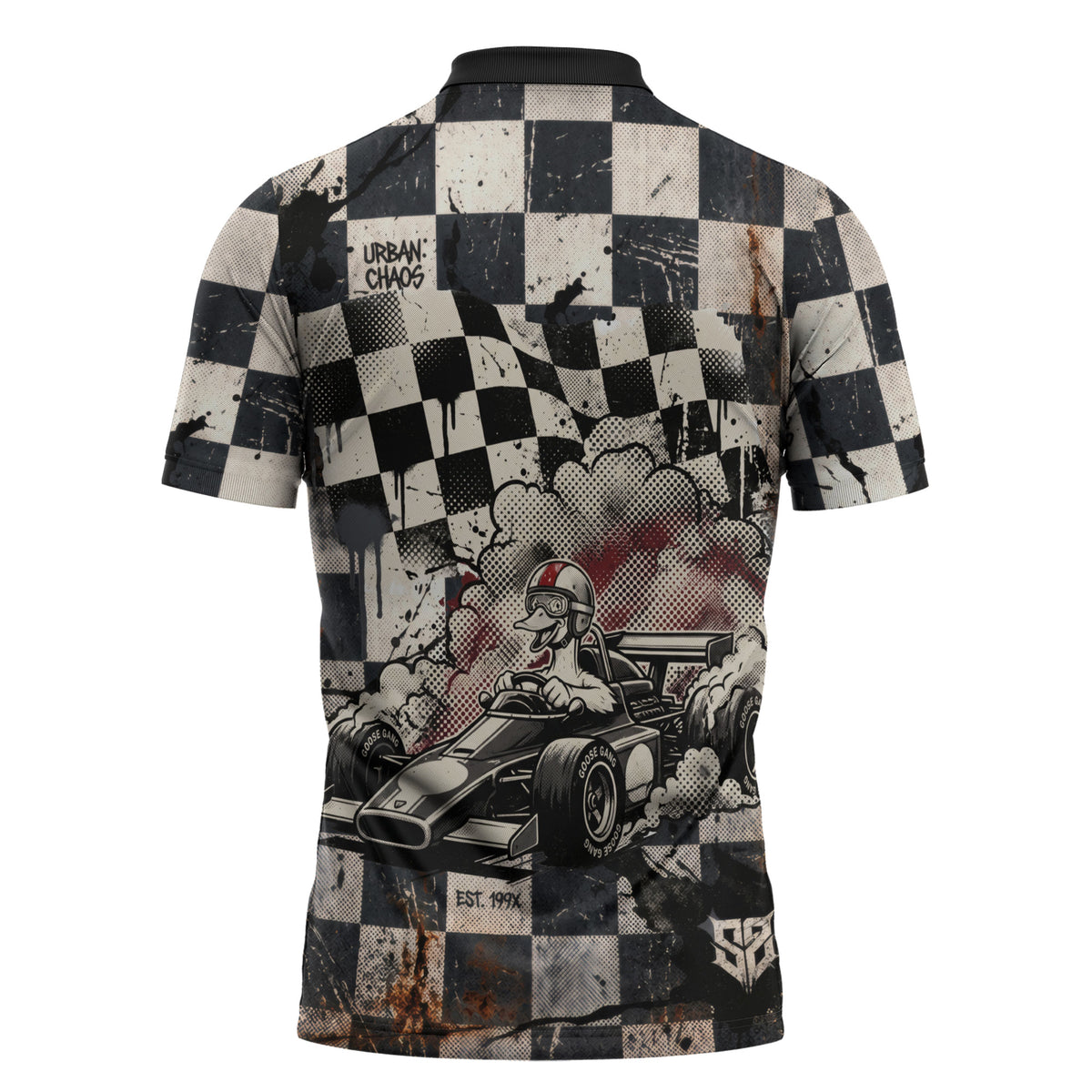 Silly Goose Racing Motorsport Zipper Polo Shirt Vintage Distressed Checkered Flag - Cartoon Race Car