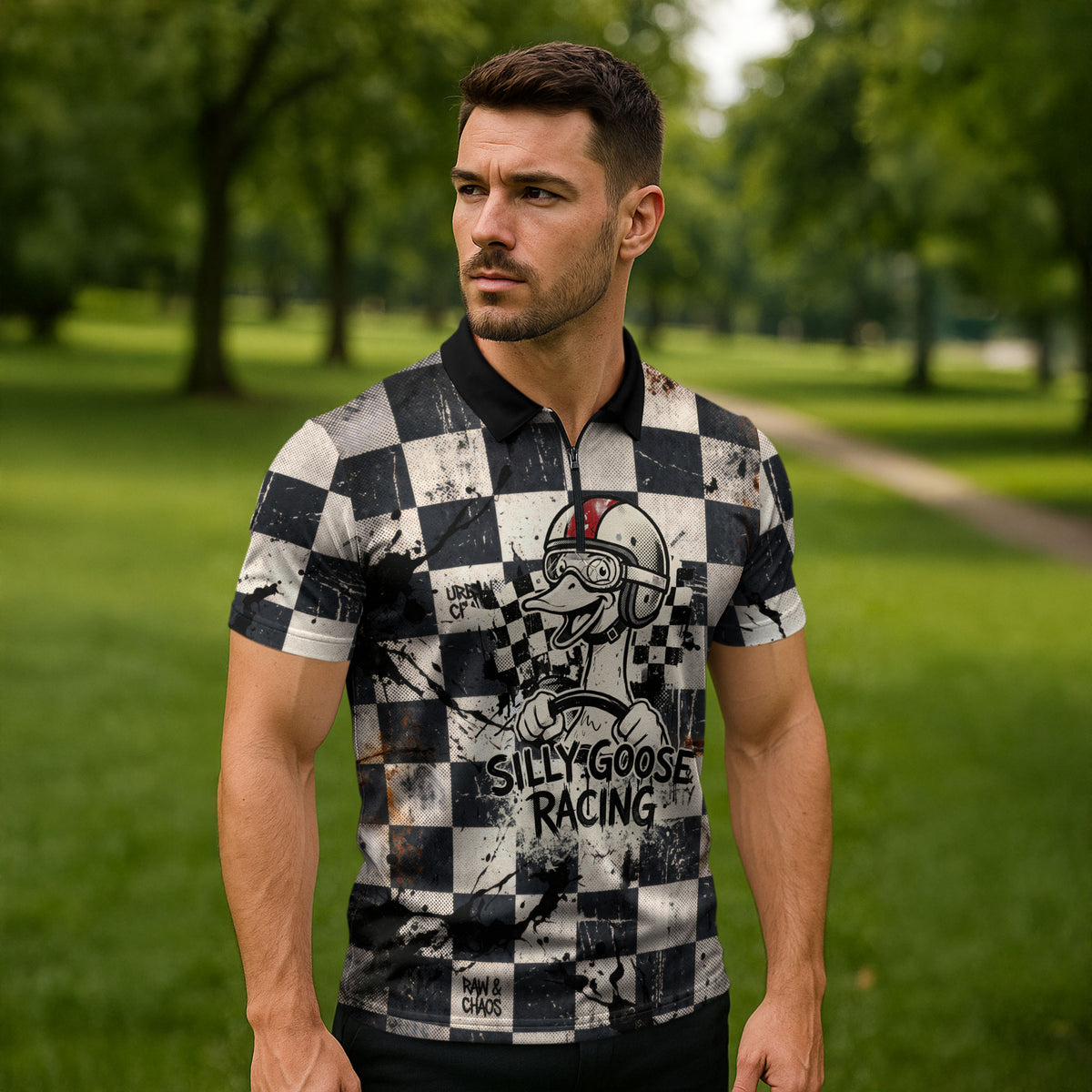 Silly Goose Racing Motorsport Zipper Polo Shirt Vintage Distressed Checkered Flag - Cartoon Race Car