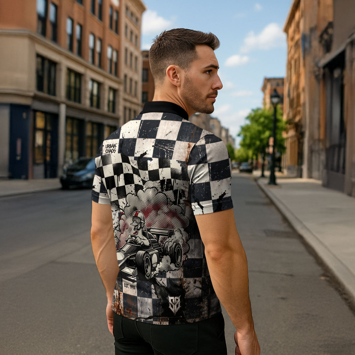 Silly Goose Racing Motorsport Zipper Polo Shirt Vintage Distressed Checkered Flag - Cartoon Race Car