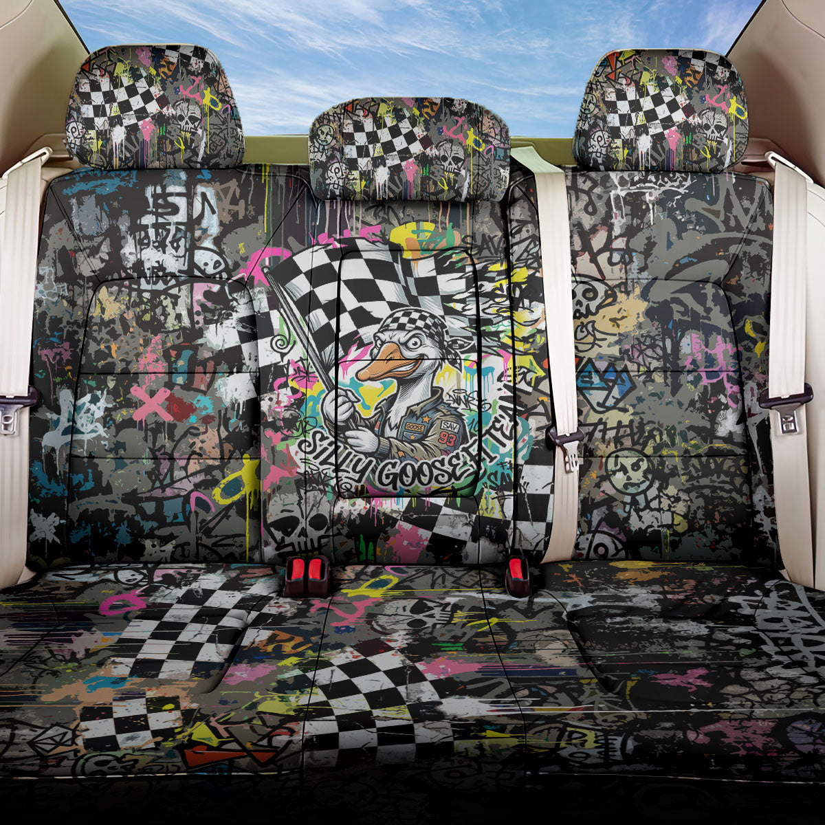 Silly Goose Team Racing Back Car Seat Cover Colorful Street Graffiti Checkered Flag