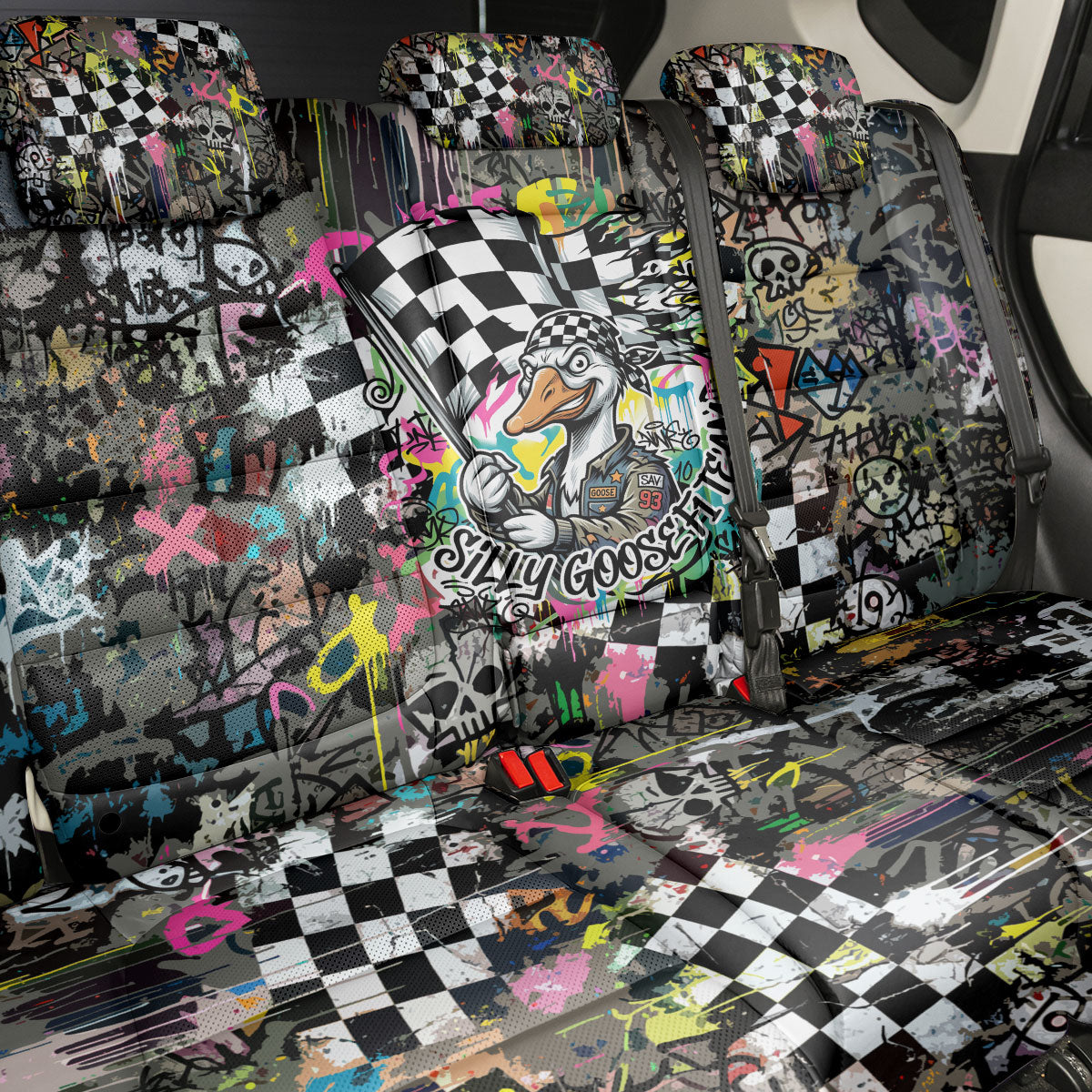 Silly Goose Team Racing Back Car Seat Cover Colorful Street Graffiti Checkered Flag