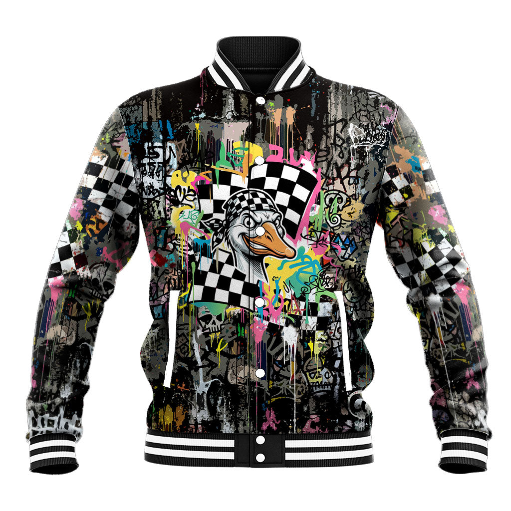 Silly Goose Team Racing Baseball Jacket Colorful Street Graffiti Checkered Flag