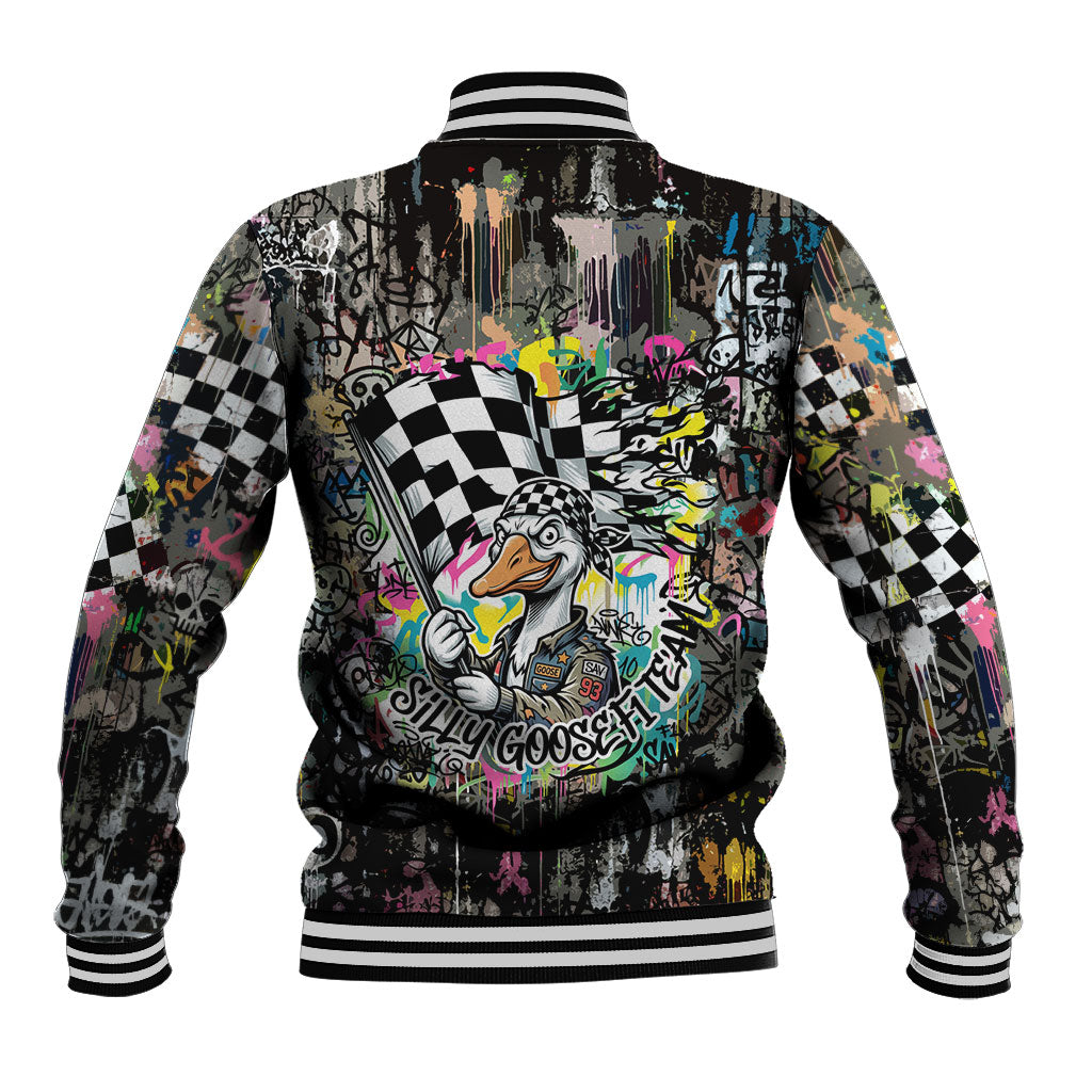 Silly Goose Team Racing Baseball Jacket Colorful Street Graffiti Checkered Flag