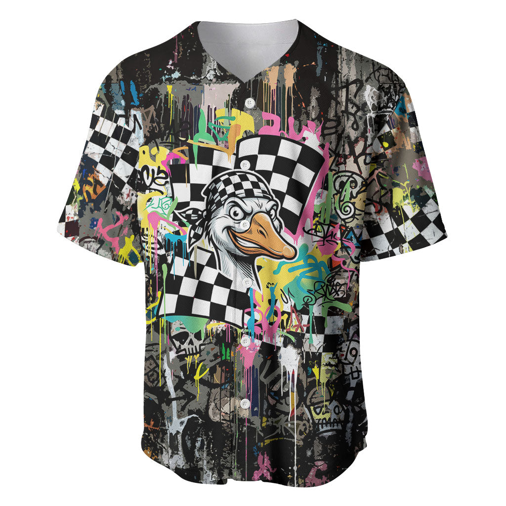 Silly Goose Team Racing Baseball Jersey Colorful Street Graffiti Checkered Flag