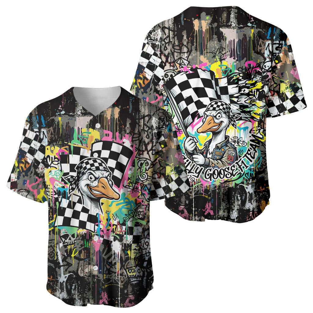 Silly Goose Team Racing Baseball Jersey Colorful Street Graffiti Checkered Flag