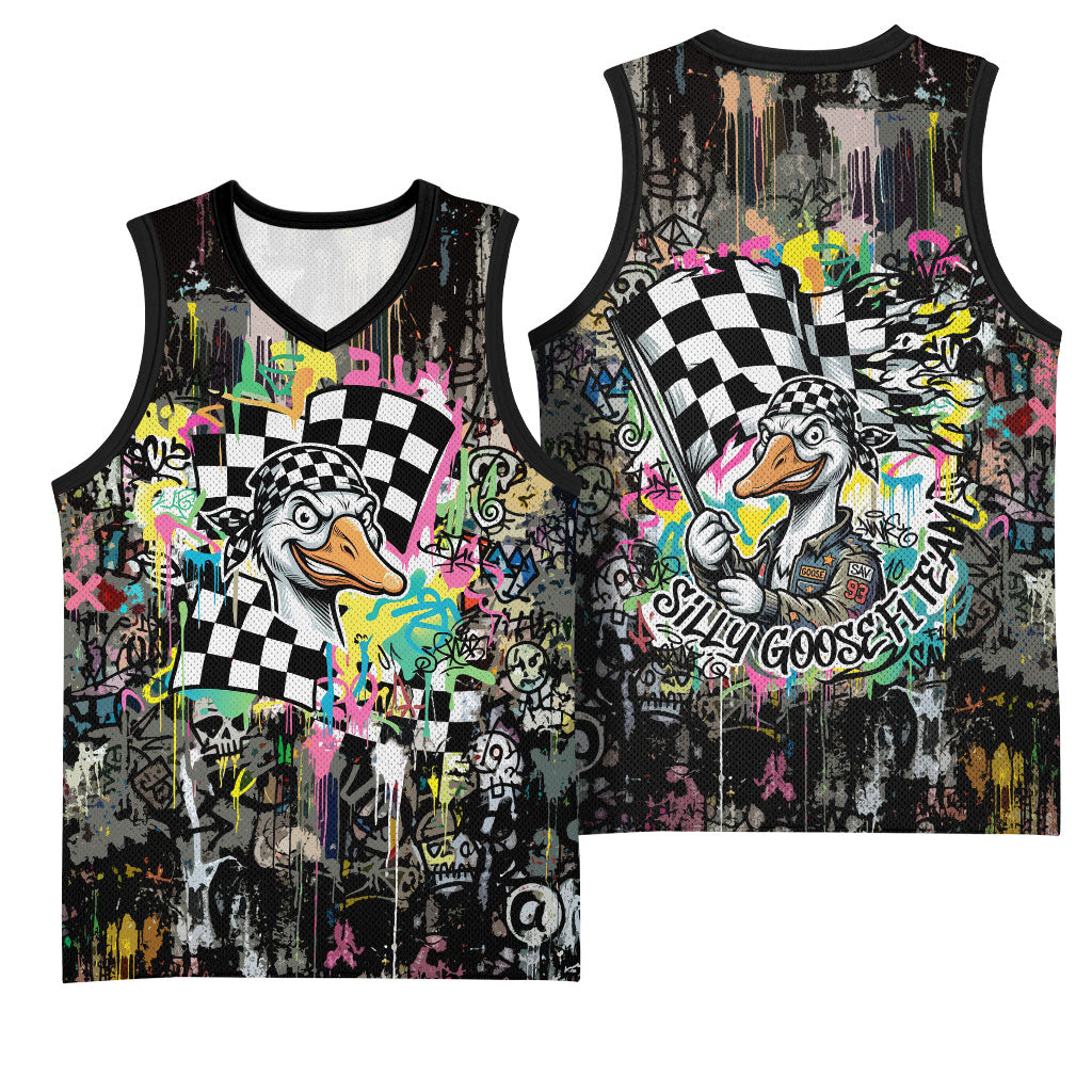 Silly Goose Team Racing Basketball Jersey Colorful Street Graffiti Checkered Flag