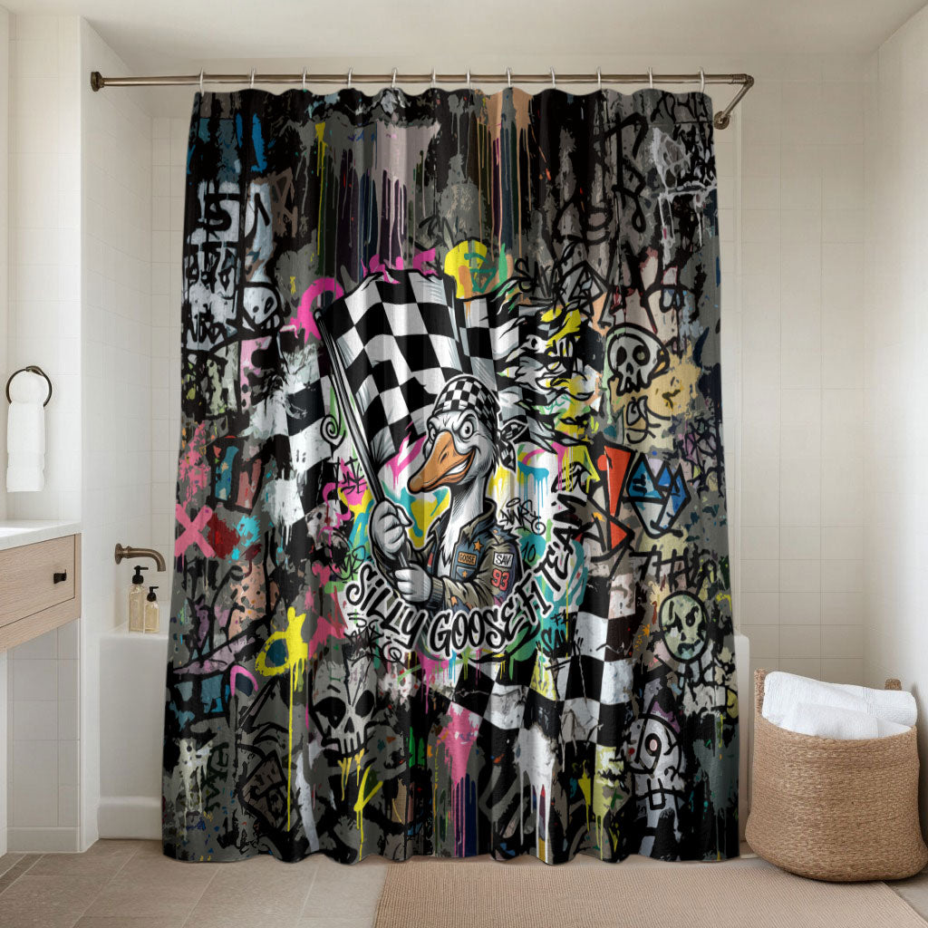 Silly Goose Team Racing Bathroom Set Colorful Street Graffiti Checkered Flag