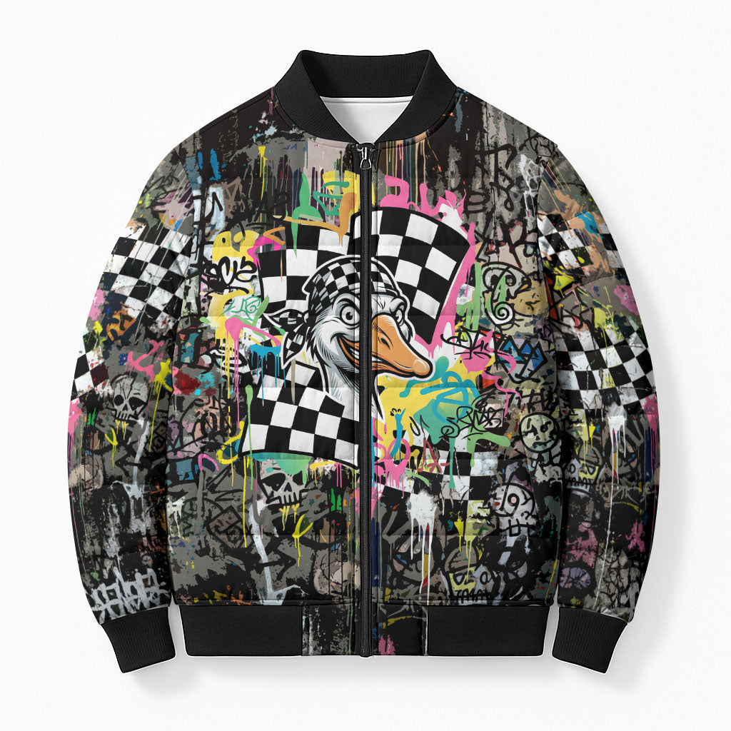 Silly Goose Team Racing Bomber Puffer Jacket Colorful Street Graffiti Checkered Flag